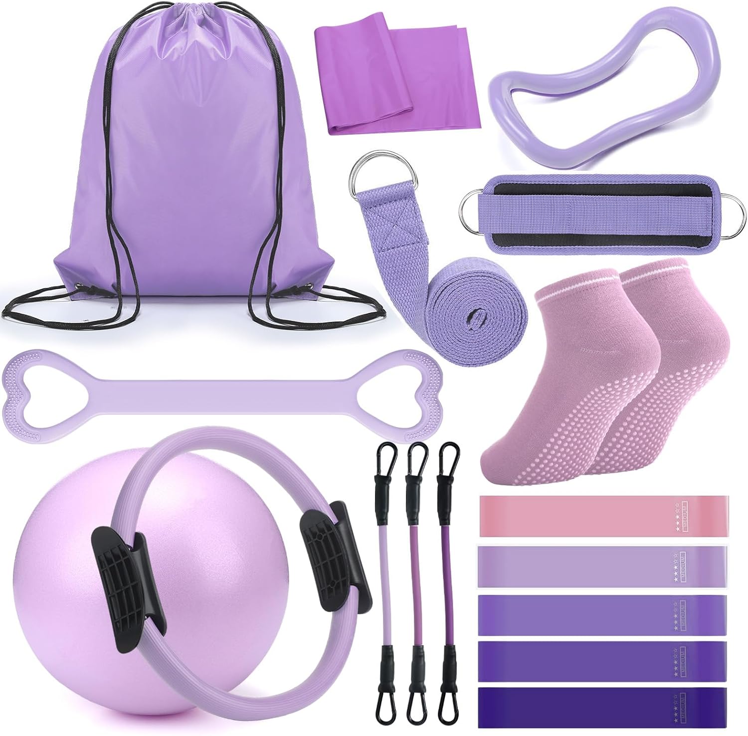RoundFunny Pilates Ring Circle Set 18 Pcs Exercise Equipment Accessories for Women Workouts Pilates Ball Stretching Strap Magic Circle Yoga Ring Gym Back Bag Resistance Band Anti Slip Socks