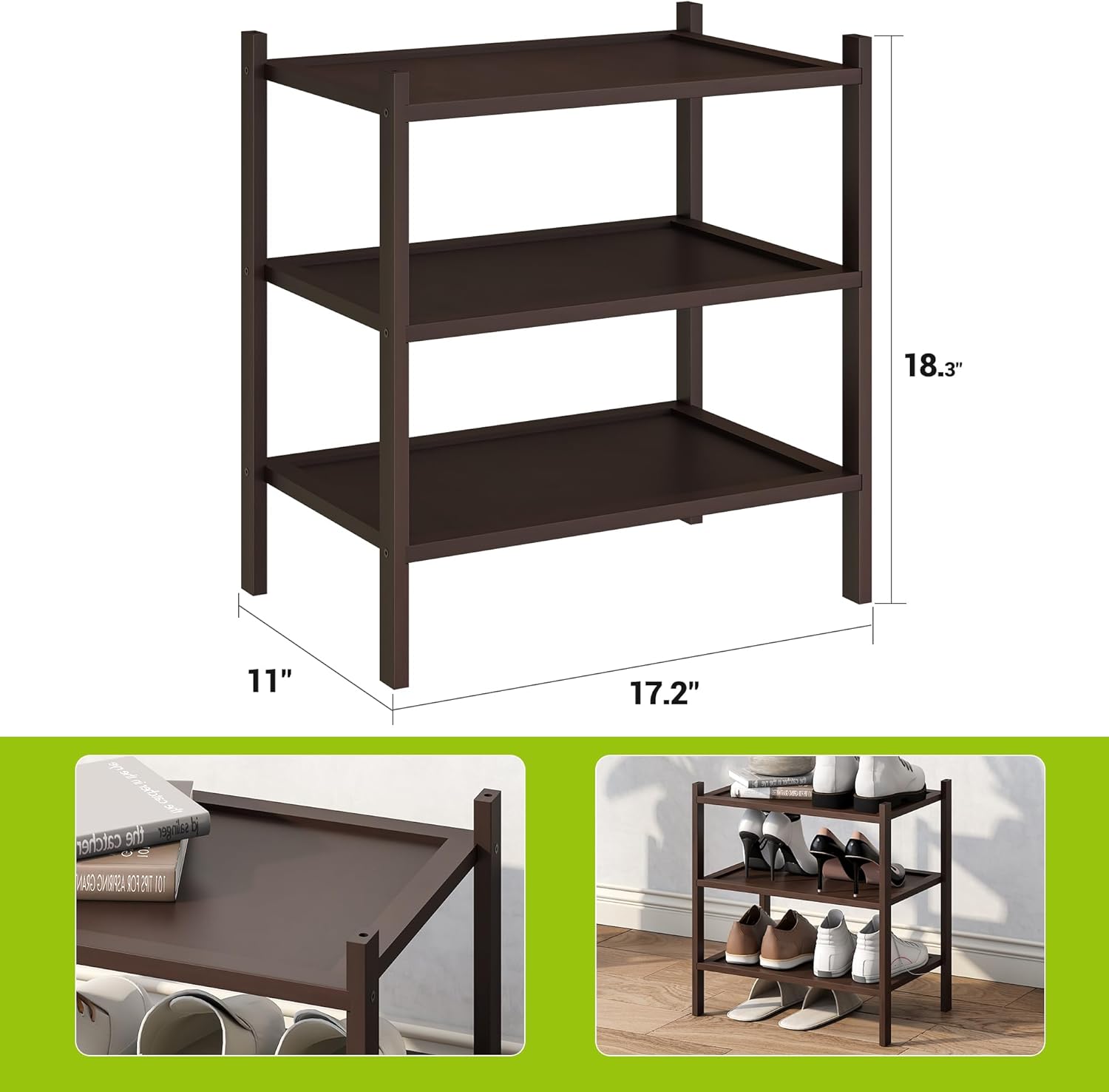 BMOSU 3-Tier Bamboo Small Shoe Rack Premium Stackable Shoe Shelf Storage Organizer for Hallway Closet Living Room Entryway Organizer(Brown)