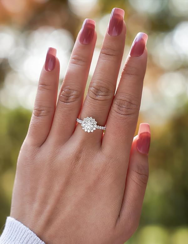 IMOLOVE Moissanite Halo Engagement Rings for Women Flower Shaped Promise Rings for her Sterling Silver with 18K White Gold Plated Size(9) by IMOLOVE - Image 3