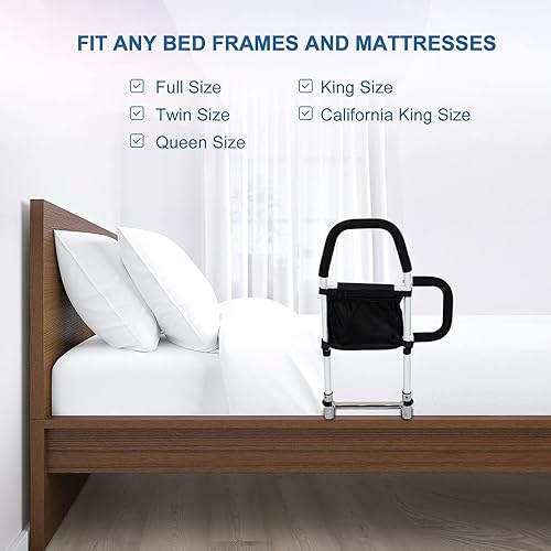 Miniatura 14 de Rieles de cama para adultos mayores con alturas ajustables y asas laterales extensibles, barra de asistencia de cama plegable para prevención