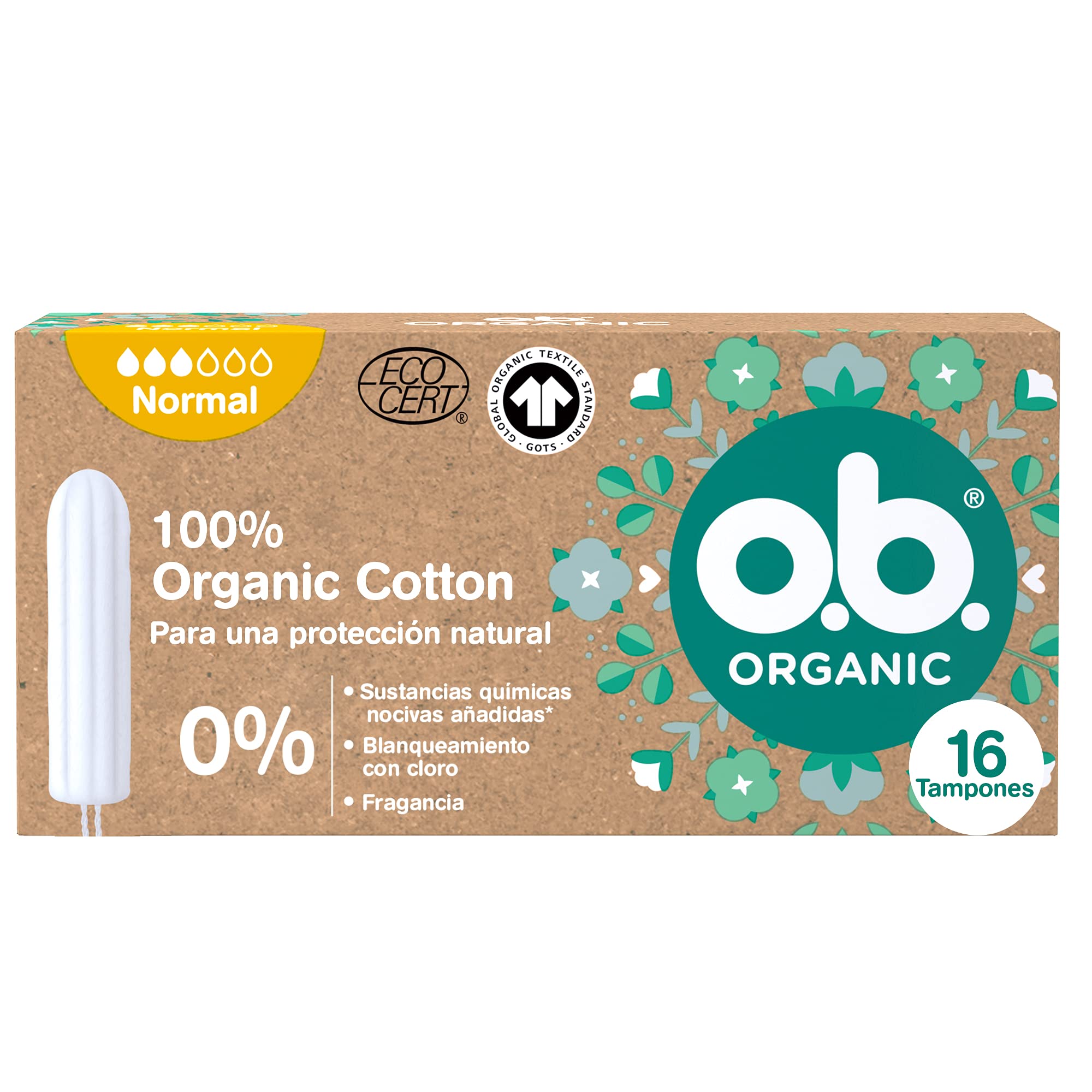 o. b. ORGANIC Tampony ze 100% bawełny organicznej (1 x 16 szt.), tampony bez aplikatora o normalnej chłonności, jednorazowe tampony wolne od szkodliwych substancji