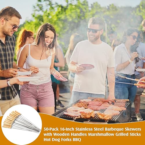 Miniatura 4 de Minatee 50 brochetas de 16 pulgadas con mango de madera para barbacoa, camping, utensilios de cocina, fogata, parrilla, cocina, acero inoxidable,