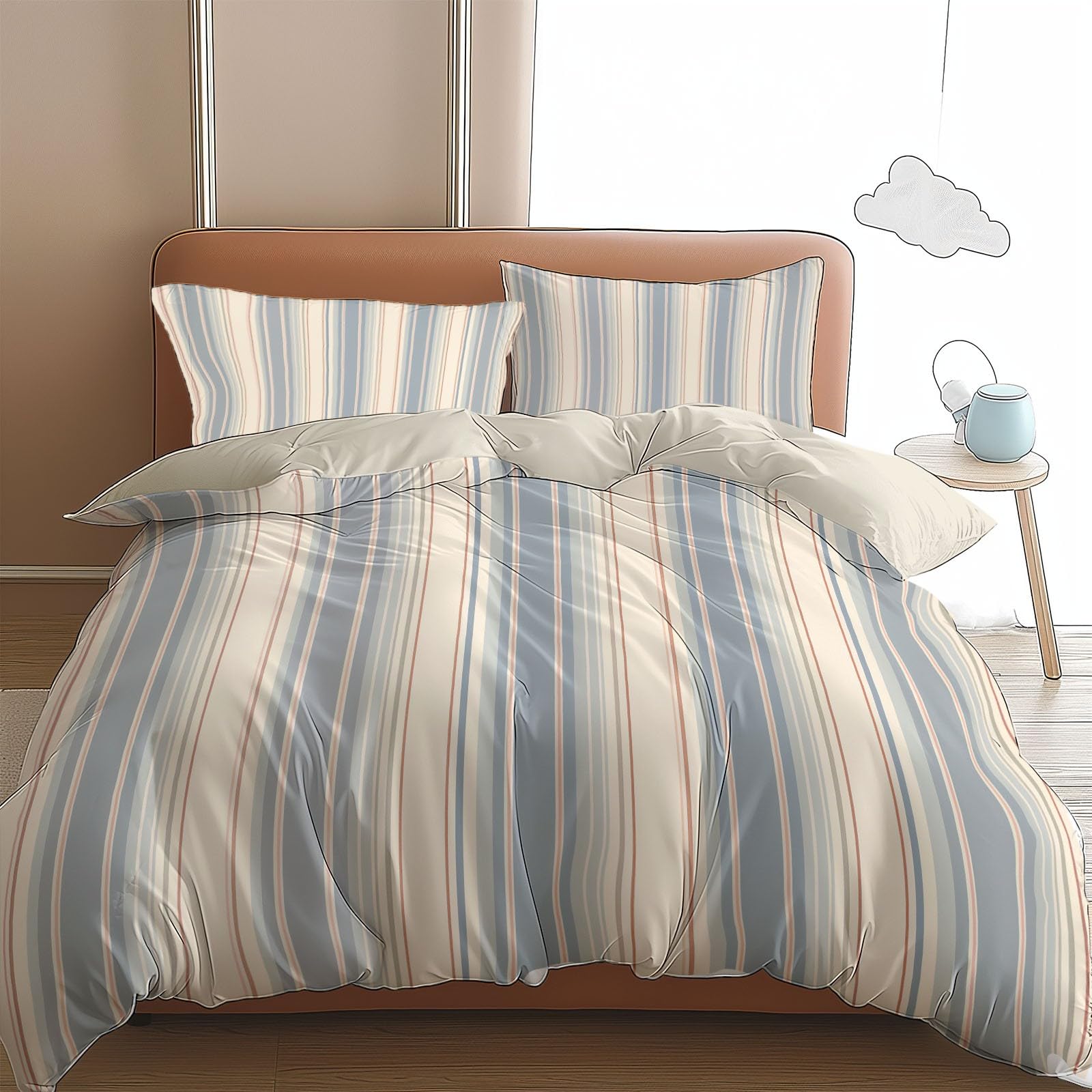 Poszwa na kołdrę 200 x 200 cm z 2 poszewkami na poduszki - niebiesko-białe linie dwustronny, komplet pościeli dla dorosłych, 100% mikrofibra, komplet 2-osobowy z zamkiem błyskawicznym, szary