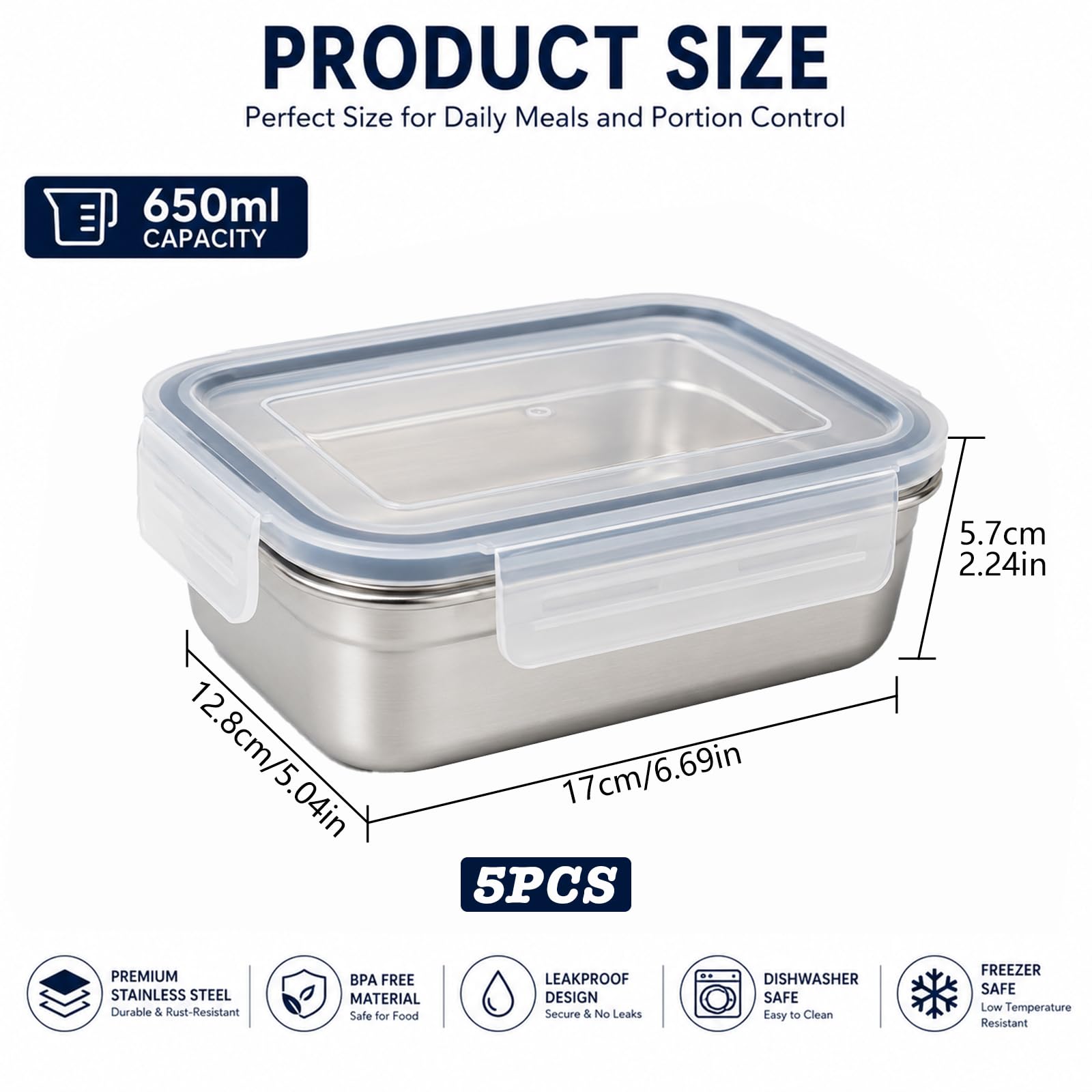 5 Pcs Contenitori Alimenti Acciaio Inossidabile per Alimenti 650ml