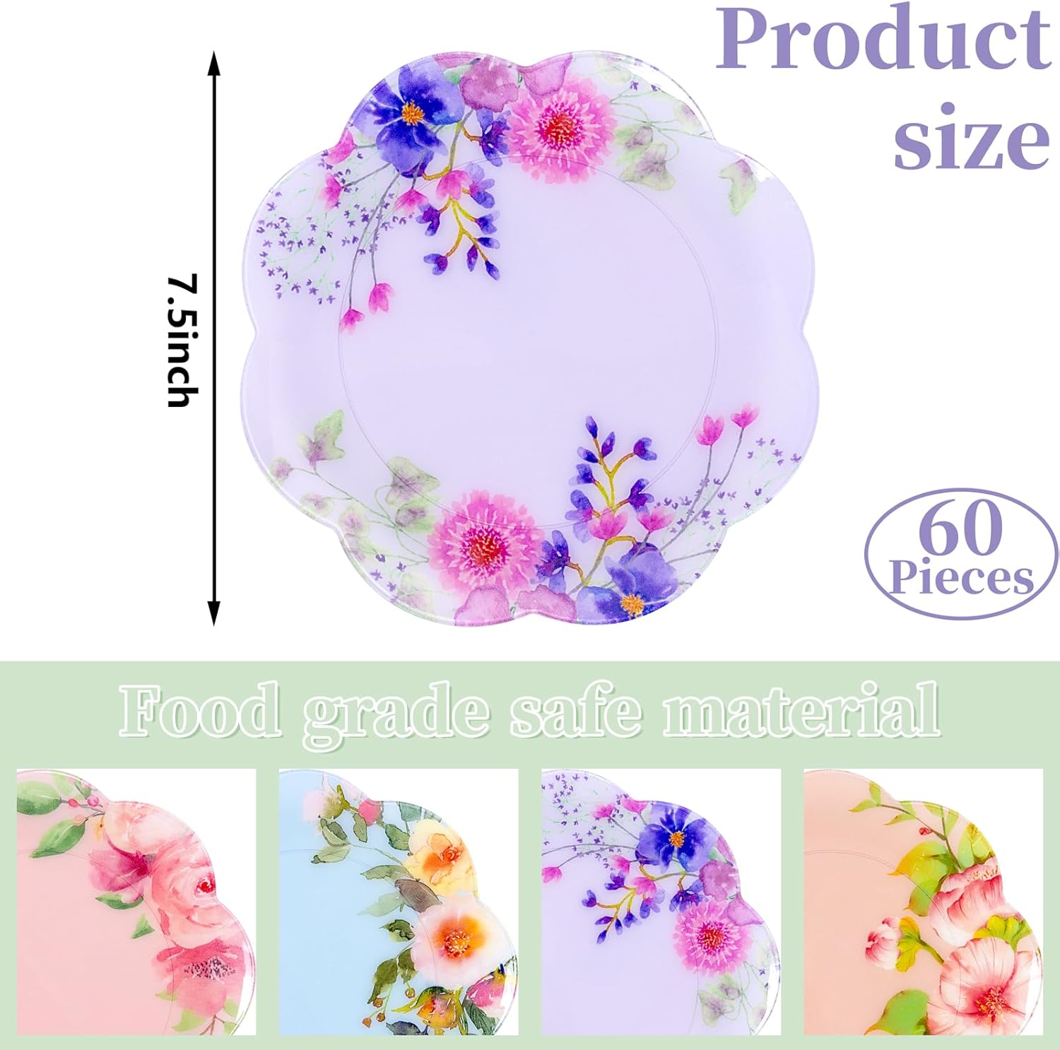 60Pcs Floral Plastic Plates - 7.5inch Dessert Plate Disposable - Heavy Duty Tea Party Plates - Premium Flower Plate Decorations for Birthday Baby Shower Wedding Party Supplies - Image 2