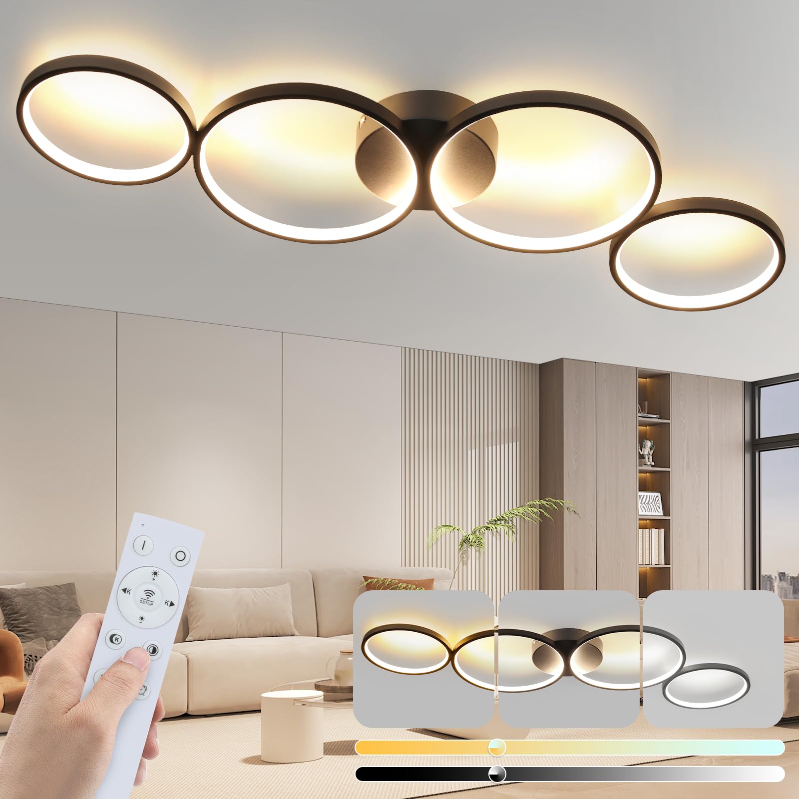 GBLY LED-dimbare plafondlamp Moderne woonkamerverlichting 4-vlammen ringoptiek, 55W witte voor binnen, gemaakt van aluminium Decoratieve hanglamp voor slaapkamer woonkamer kantoor studeerkamer 88 cm