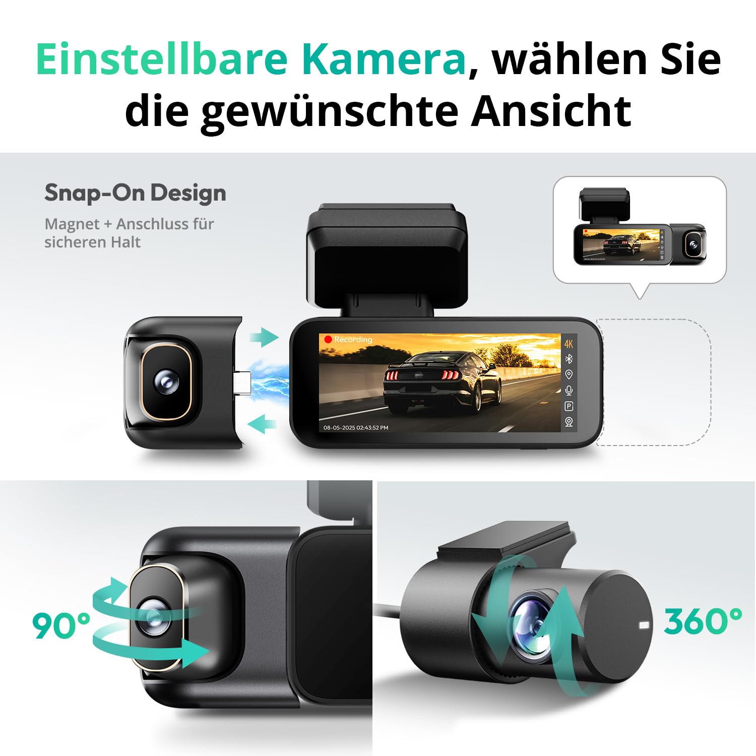BOTSLAB 4K 3-Kanal Dashcam Auto Vorne Hinten, 3 Channel 4K+1080P+1080P, GPS 5.8GHz WiFi Dash Cam mit 128GB SD Karte, 3.18",Super Nachtsicht,WDR, Sprachbefehl,G-Sensor,Loop-Aufnahme,Parküberwachung