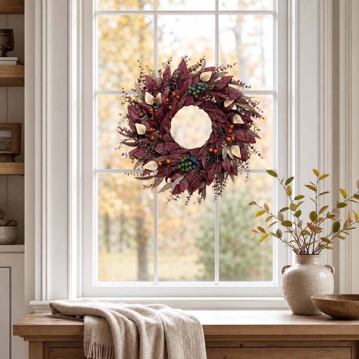 26 Inch Large Halloween Wreath Fall Burgundy Wreaths for Front Door Decor