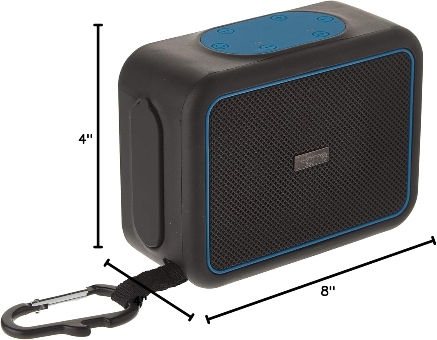 Dimensions of the iHome iBT35 speaker, showing a width of 8 inches, depth of 4 inches, and height of 4 inches.