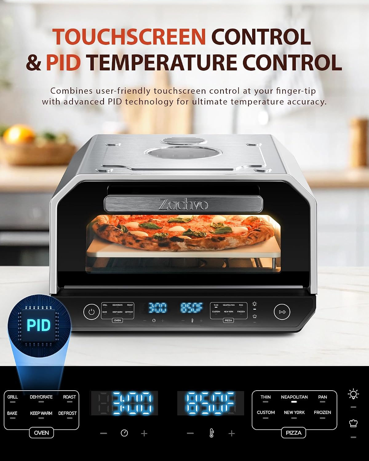 Indoor Pizza Oven, 12 Inch Pizza in 90 Seconds, Heats up to 850°F Pizza Maker, 10-in-1 Countertop Electric Pizza Oven with 6 Touchscreen Presets, Silver