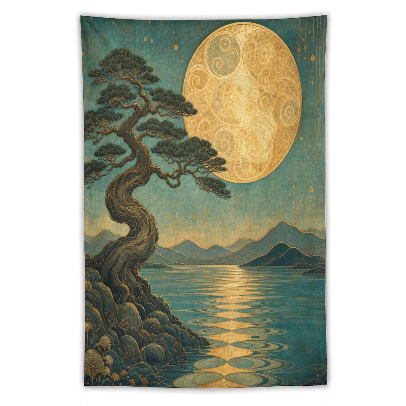 W7C8U2X3 Pine Tree under Full Moon Wall Tapestry, Ukiyo-e, Moonlit Stage