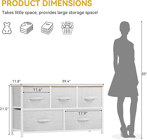 Miniatura 3 de DWVO 5 cómodas para dormitorio, cómoda de almacenamiento con 5 cajones, torre de almacenamiento ancha, cómoda para armario, sala de estar