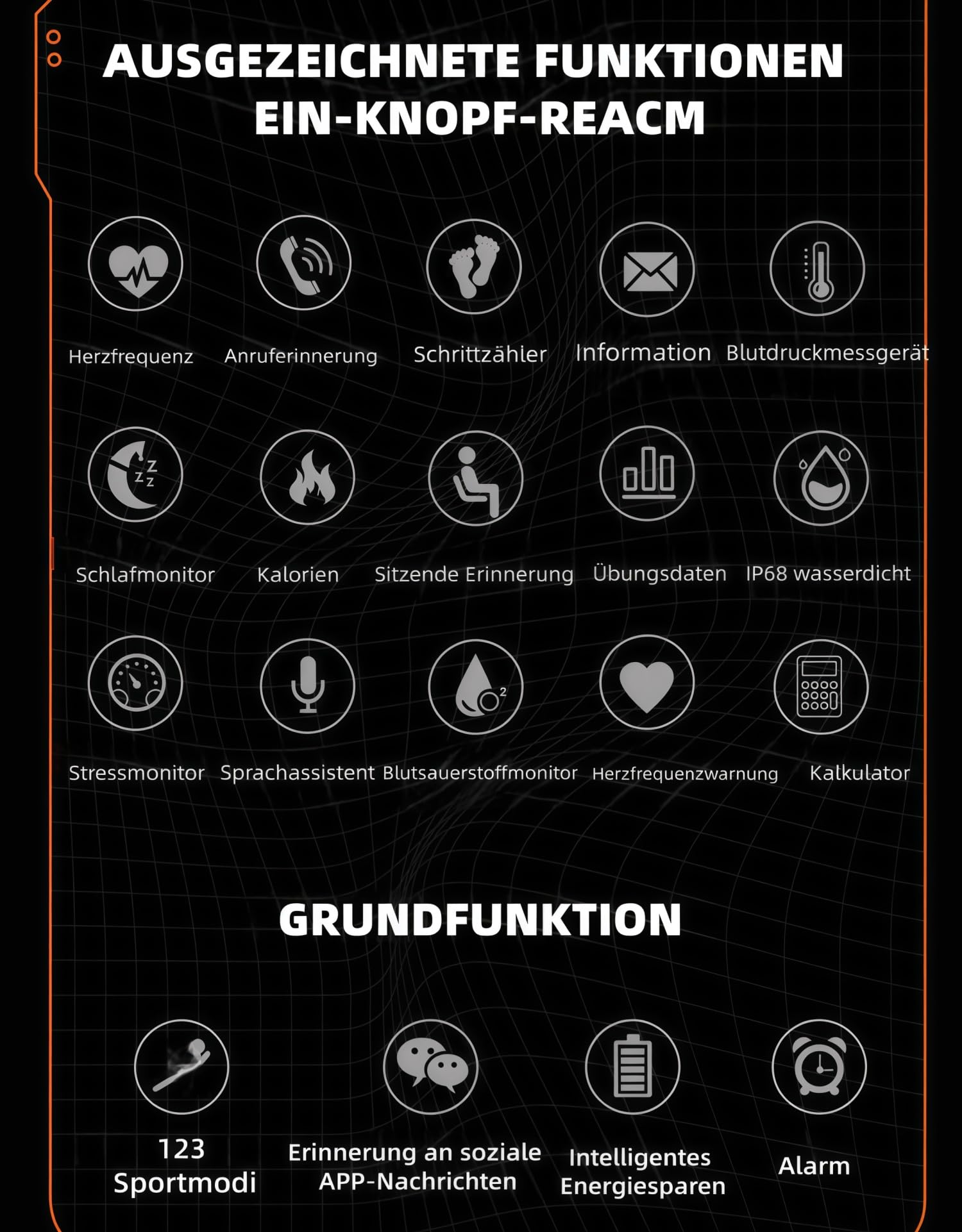 Thor Die Stabilste Smartwatch Originale smarte Sportuhr für Herren mit Telefonfunktion, Schrittzählung, Herzfrequenzüberwachung und Blutdruckmessung (orange Farbe)