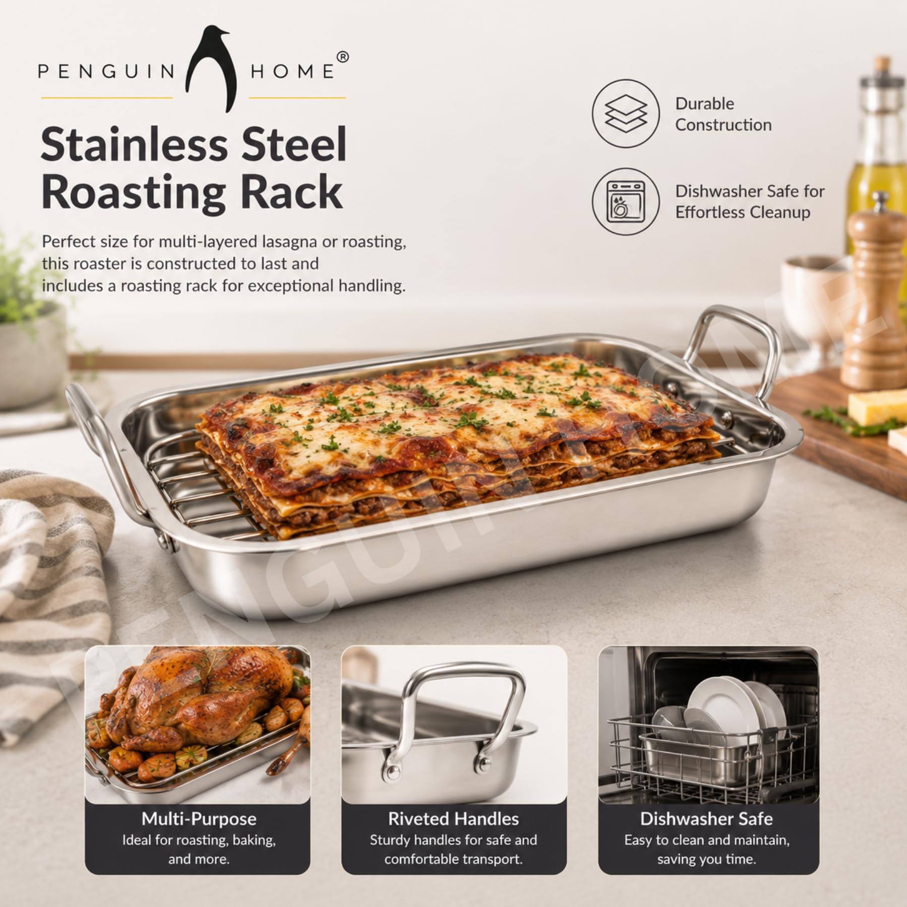 Penguin Home Premium Bräter aus Edelstahl mit Rost - Kompatibel mit allen Herdarten außer Induktion - Stabil und strapazierfähig - Abnehmbarer Grill, Bräter mit Griffen - Groß 37 x 28 cm…