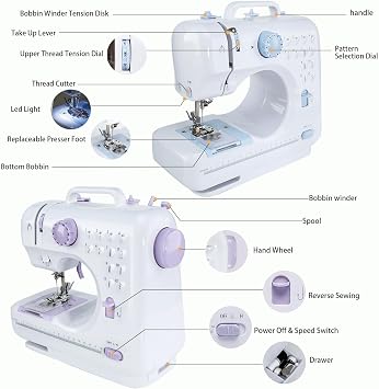 Sewing Machine 505 for Beginners: 12 Built-in Stitches with Expansion Table, Foot Pedal & Full Accessory Kit, Heavy Duty Household Sewing Machine for Adults & Kids Ages 8+,(Purple)