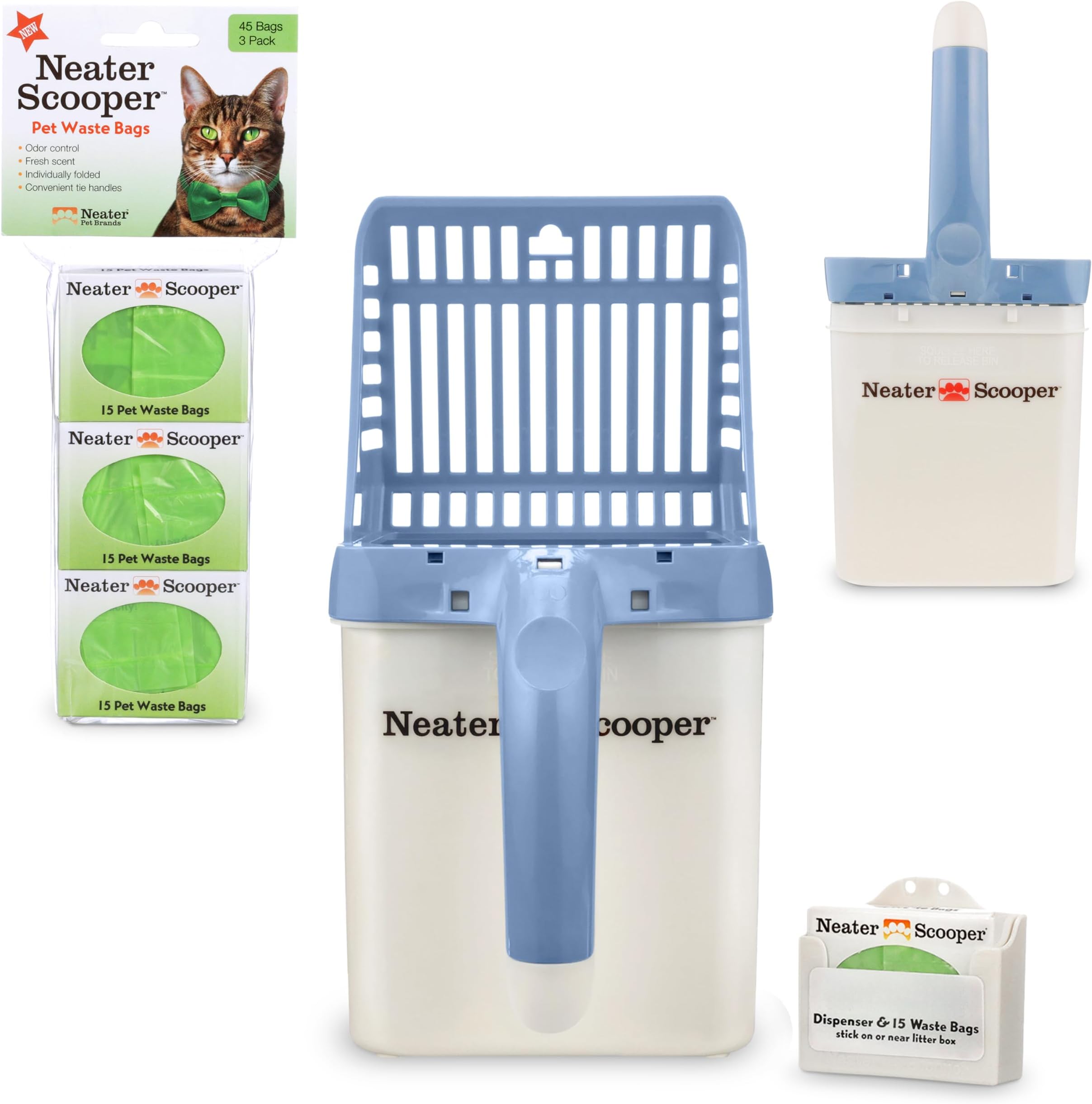 Neater Scooper Standard Cat Litter Scoop, 60 Refill Bags – Mess-Free Cat Litter Scooper with Bag, Spill-Proof Kitty Box Sifter, Bin Doubles as Scoop Holder, For Single-Cat Households