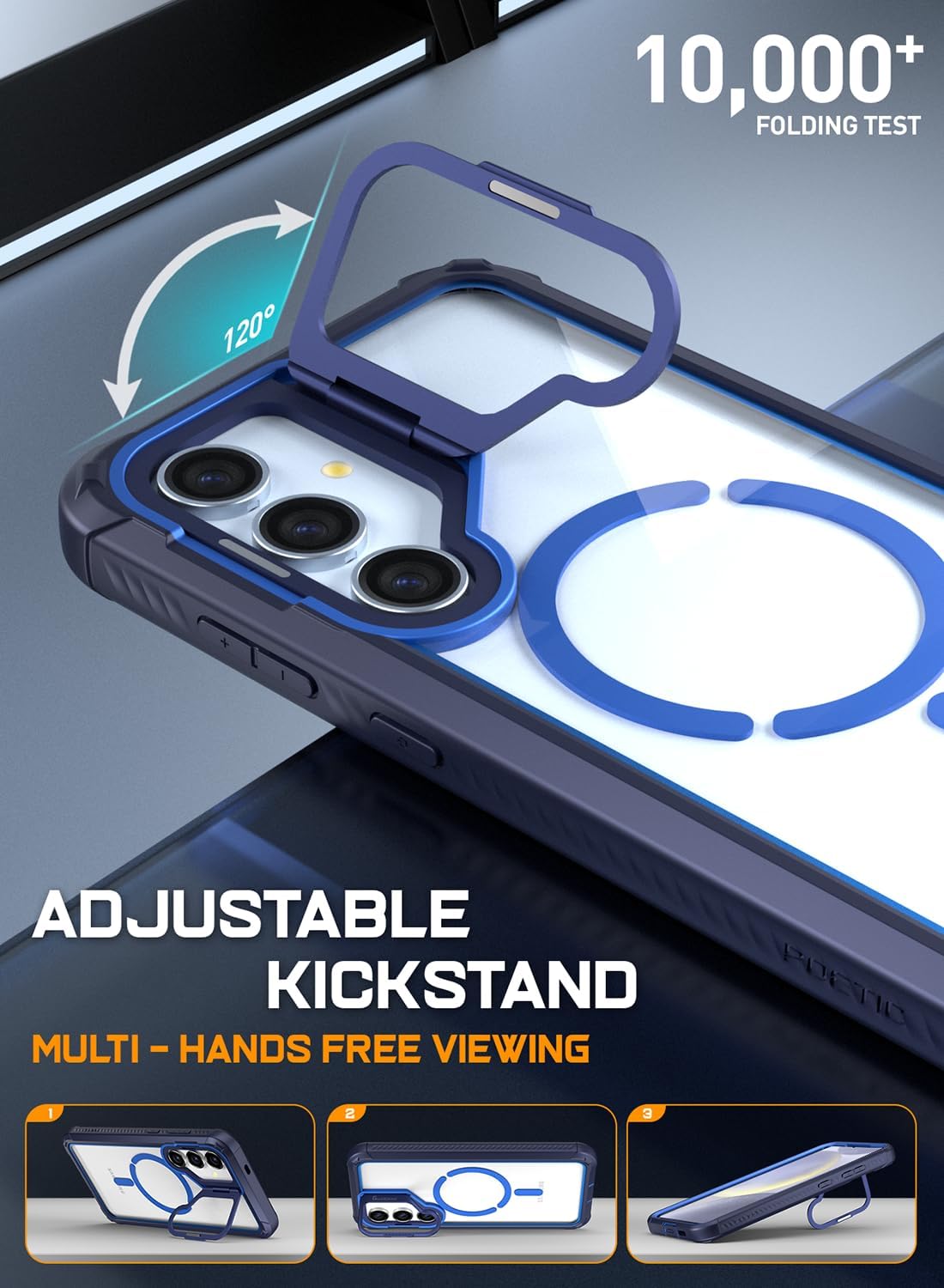 Poetic Guardian Case for Samsung Galaxy S24 6.2", [Built-in Camera Stand] [Screen Protector Work with Fingerprint ID] Full Body Shockproof Protective Rugged Clear Cover, Blue/Clear