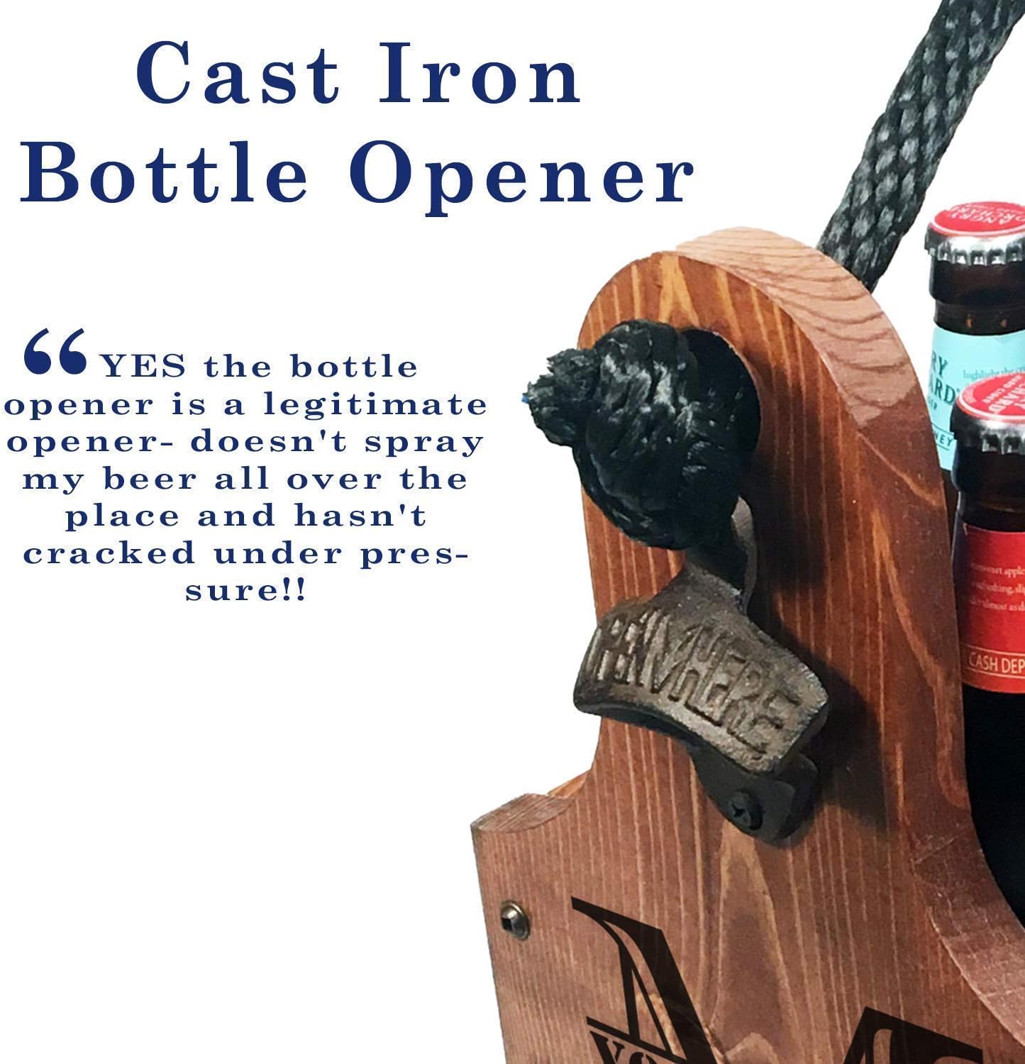 Wooden Bottle Caddy - Handcrafted solid wood 6 pack beer carrier with rustic cast iron bottle opener and magnetic cap catch. Personalized Gift perfect for Christmas, Birthdays New Years and more