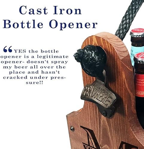 Miniatura 5 de Personalized Wood Beer Caddy with Bottle Opener and Magnetic Bottle Cap Catcher. Handmade Rustic Wooden Six Pack Tote/Carrier - Boxed Split Monogram
