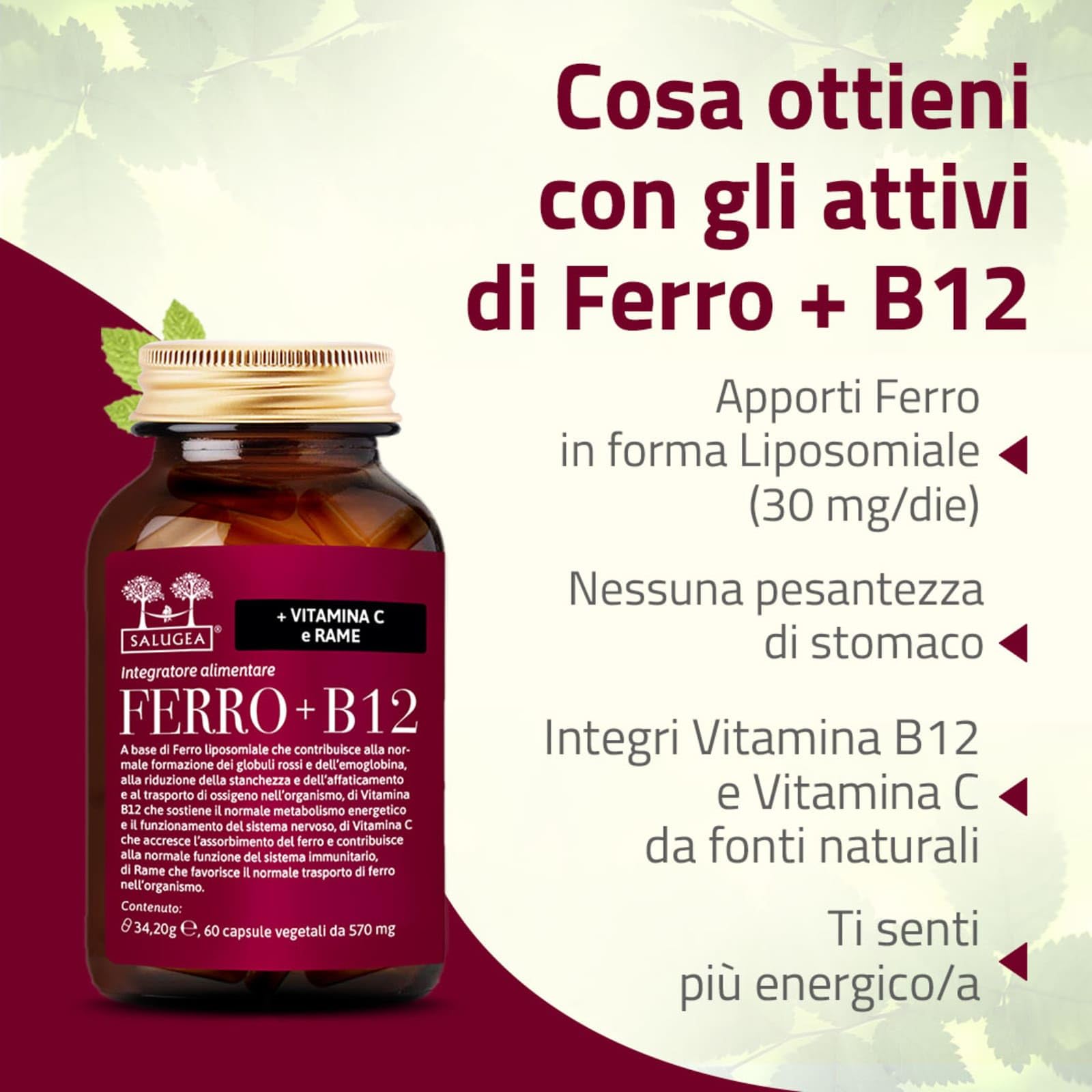 Salugea FERRO + B12 Salugea - Integratore 100% Naturale - Con Ferro liposomiale, Vitamina B12, Rosa Canina (Vitamina C) e Rame - 60 Capsule Vegetali in Flacone in vetro scuro farmaceutico