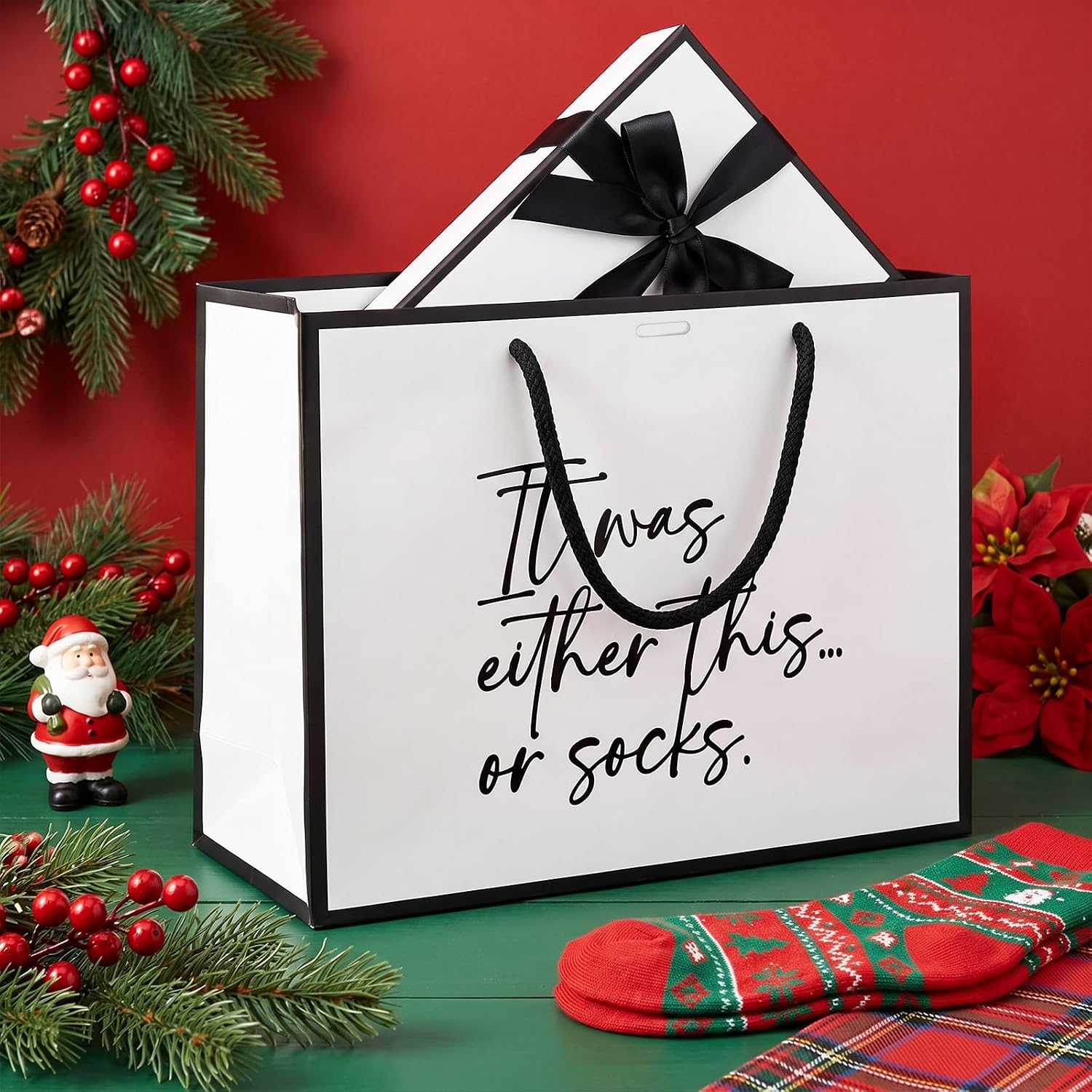 Loveinside 13" Large Funny Christmas Gift Bag, Minimalist White & Black It Was Either This or Socks Design, Elegant Party Bag with Bow Ribbon for Friends, Christmas, Holiday, 13" x 5" x 10", 1 Pcs image 5