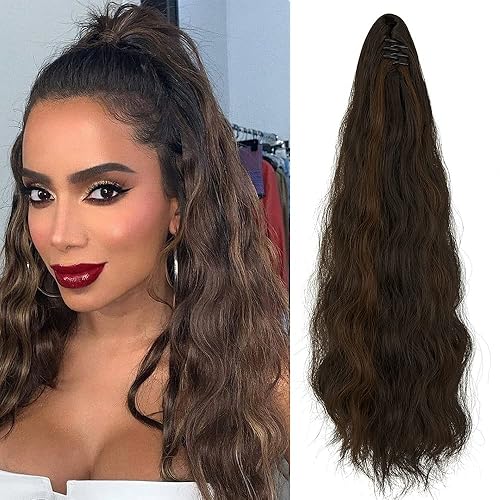 OMGREAT Extensiones de cola de caballo largas onduladas, extensiones de cola de caballo con clip para mujer, extensiones de cabello sintético suave