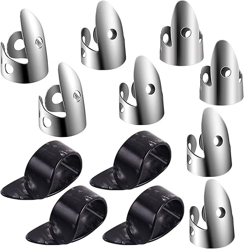 El juego de 12 púas ajustables para el pulgar incluye 8 púas de acero inoxidable plateado y 4 púas de plástico para el pulgar para guitarra, banjo,