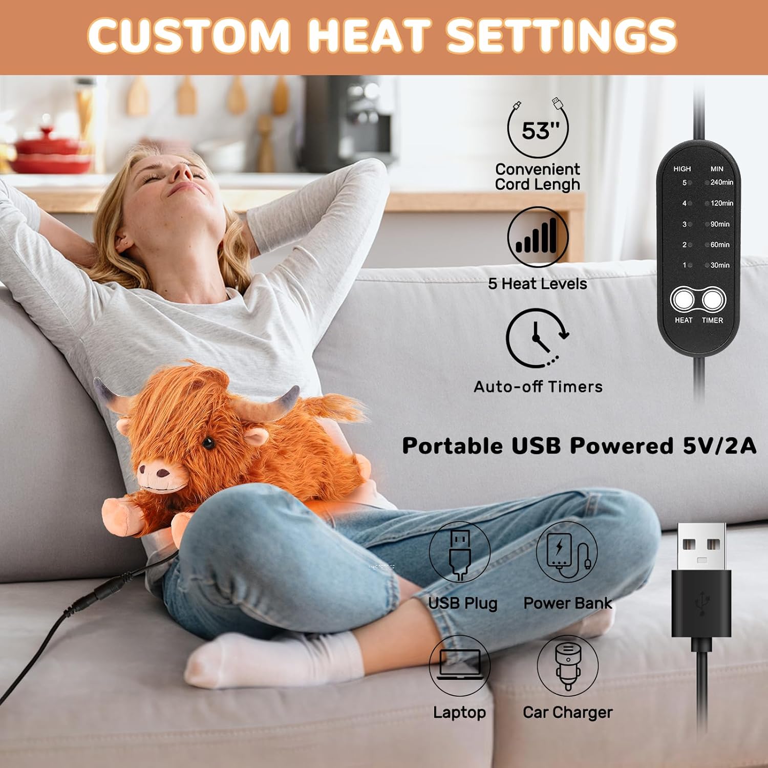 Highland Cow Heating Pad for Period Cramps Menstrual Pain Relief, Portable Electric Heat Pads USB Powered, Cute Cows Plush Stuffed Animals Gift, Funny Gifts for Women Teen Girls Birthday Christmas