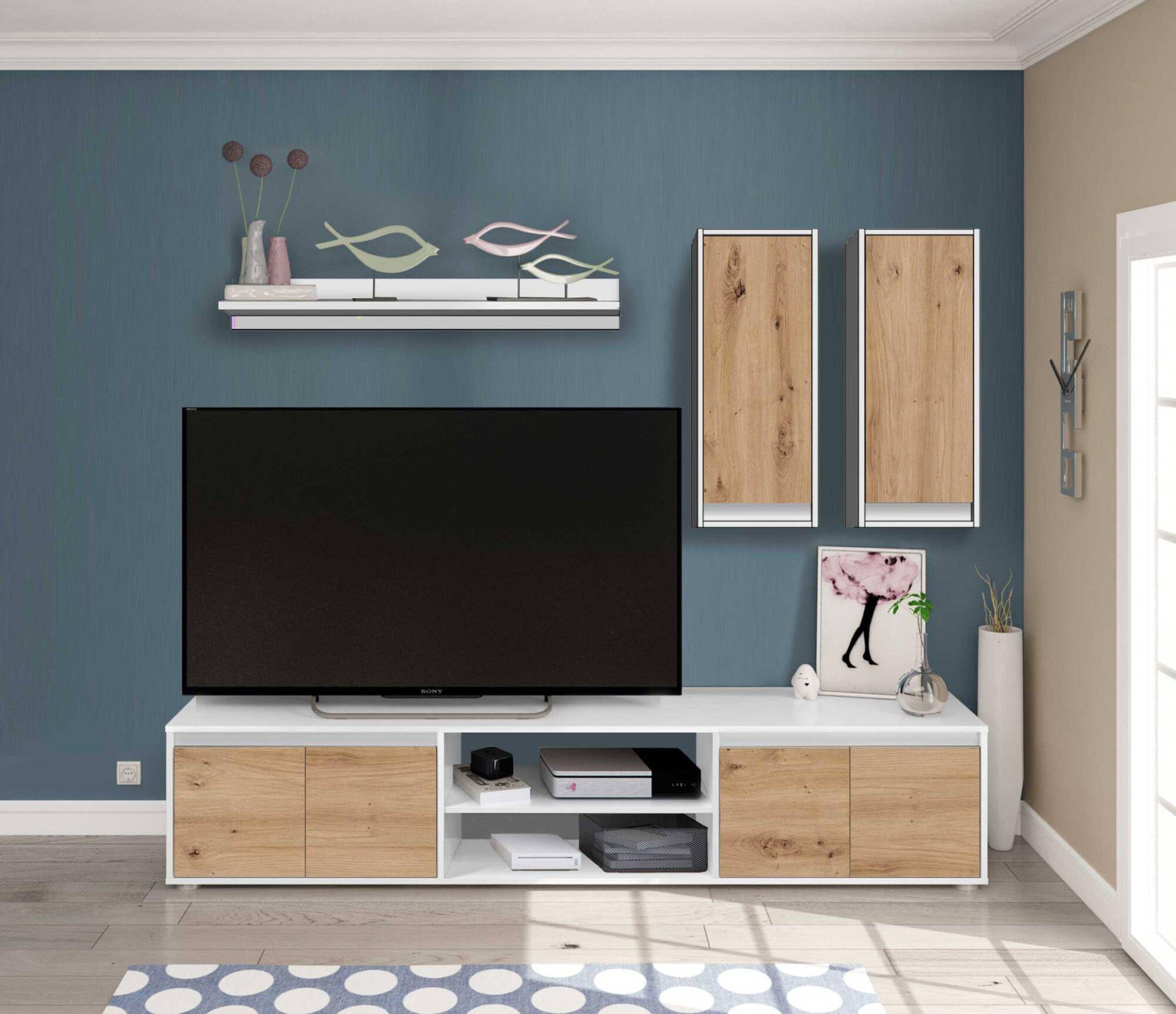 Dmora Parete Attrezzata Wells 40x200x114h cm Bianco 7 Ripiani 6 Ante, 8 Vani