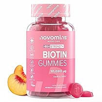 Gommose alla Biotina – 10.000 mcg – 60 Giorni di Fornitura – Integratore Vegano per Capelli, Pelle e Unghie – Gusto Pesca – 60 Gommose – Novomins