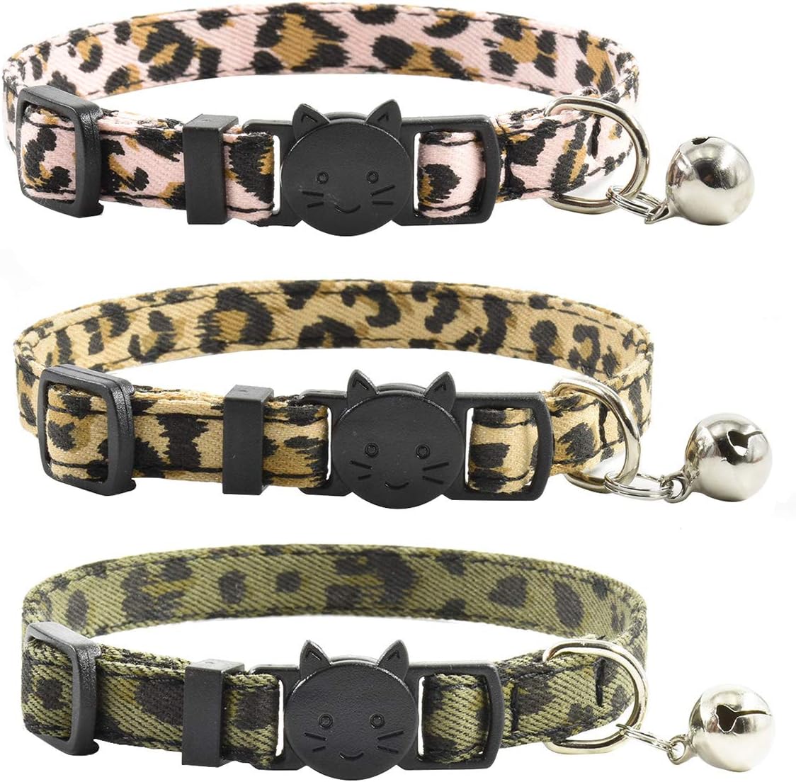 Breakaway Cat Collars with Bell, Set of 3, Durable & Safe Cute Kitten Collars Safety Adjustable Kitty Collar for Cat Puppy 7.5-11in (Leopard)