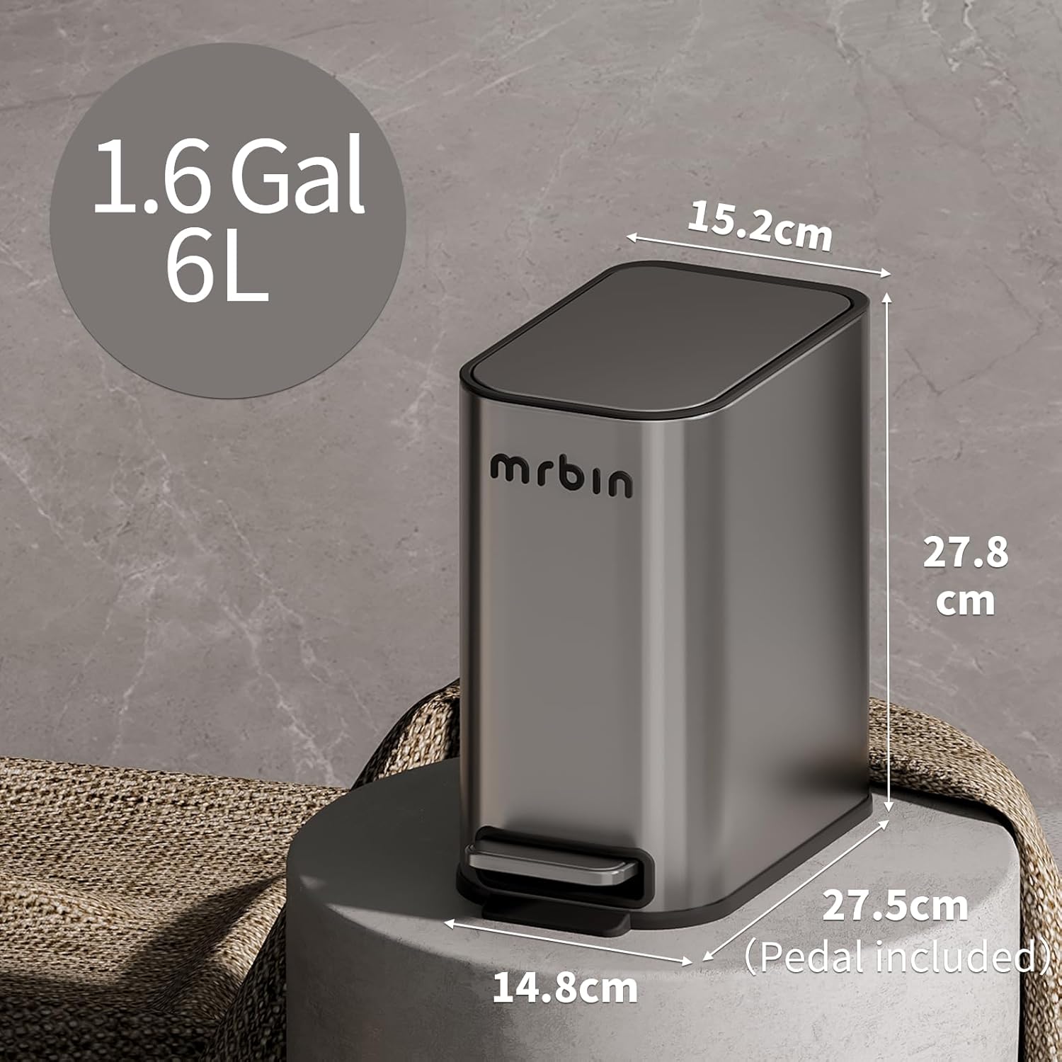 MRBIN Stainless Steel Small Bathroom Trash Can with Lid, 1.6 Gallon Slim Metal Step Waste Basket, Little Garbage Dustbin with Foot Pedal for Narrow Bedroom, Rv, Kitchen, Toilet, Office, Eclipse Grey
