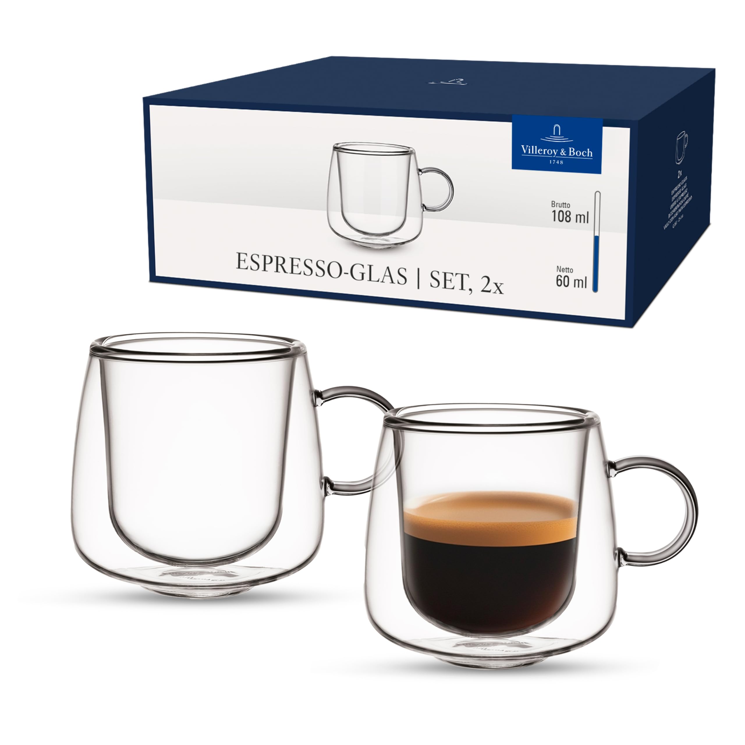 Villeroy & Boch – Artesano Hot&Cold Beverages Espresso Glass, Set of 2 Glasses, Double-Walled Glasses for Cold and hot Beverages, 60 ml, Borosilicate Glass, Dishwasher-Safe, Microwave-Safe