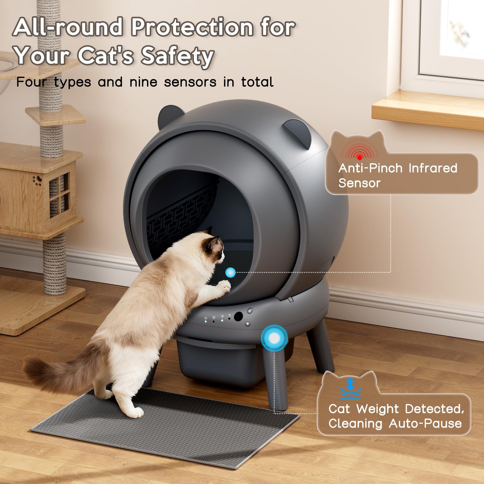Automatic Litter Box for Multiple Cats, Large Capacity Self Cleaning Litter Box with App Control, Noise & Odor Control, Dual Safety Sensors, Easy Maintenance with 2 Roll Garbage Bags, Gray - image 5