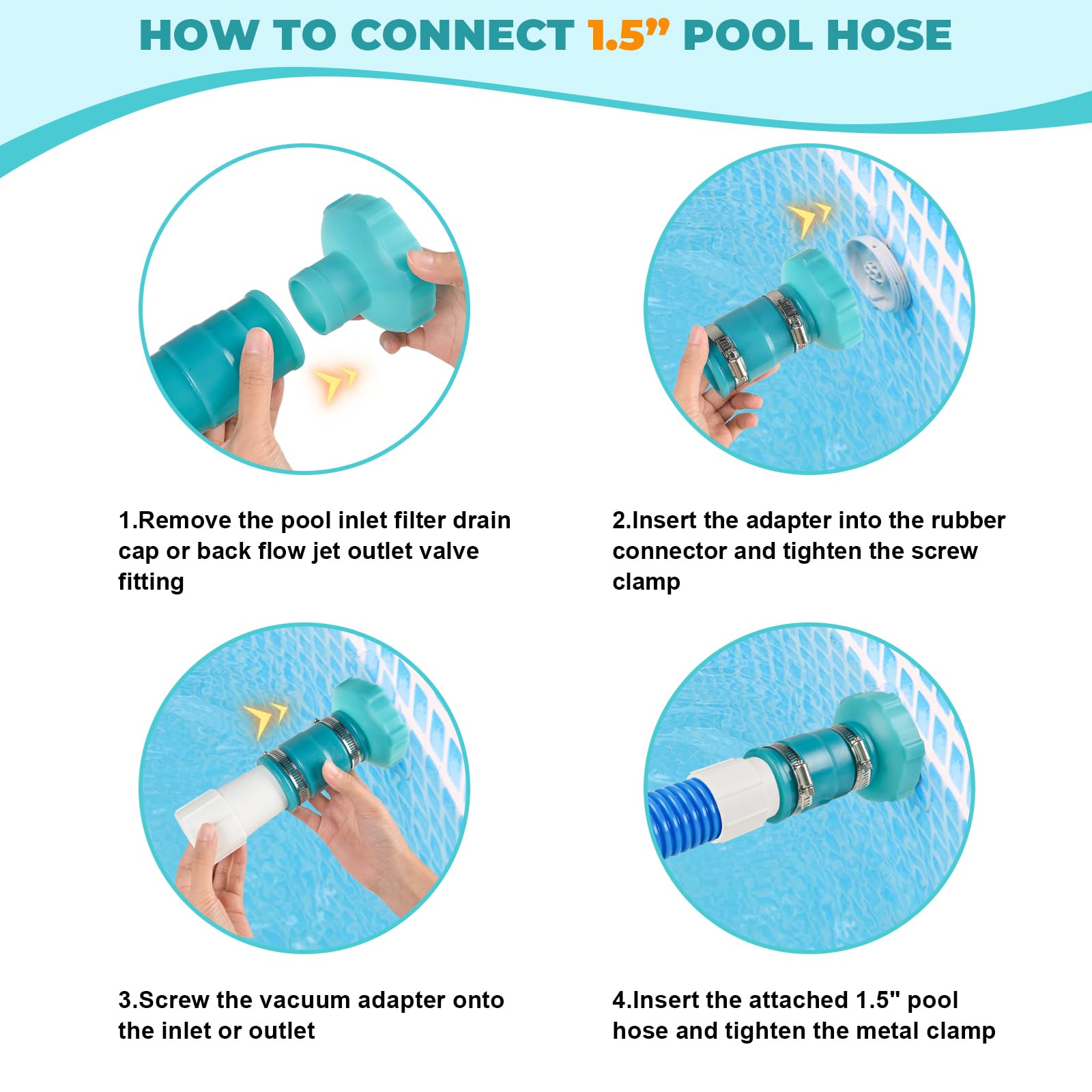 Juego de 2 adaptadores de manguera de vacío para piscina, adaptador de manguera de skimmer de piscina, conector B con puños y abrazaderas de manguera de piscina de 1-1/2 pulgadas, adaptador de