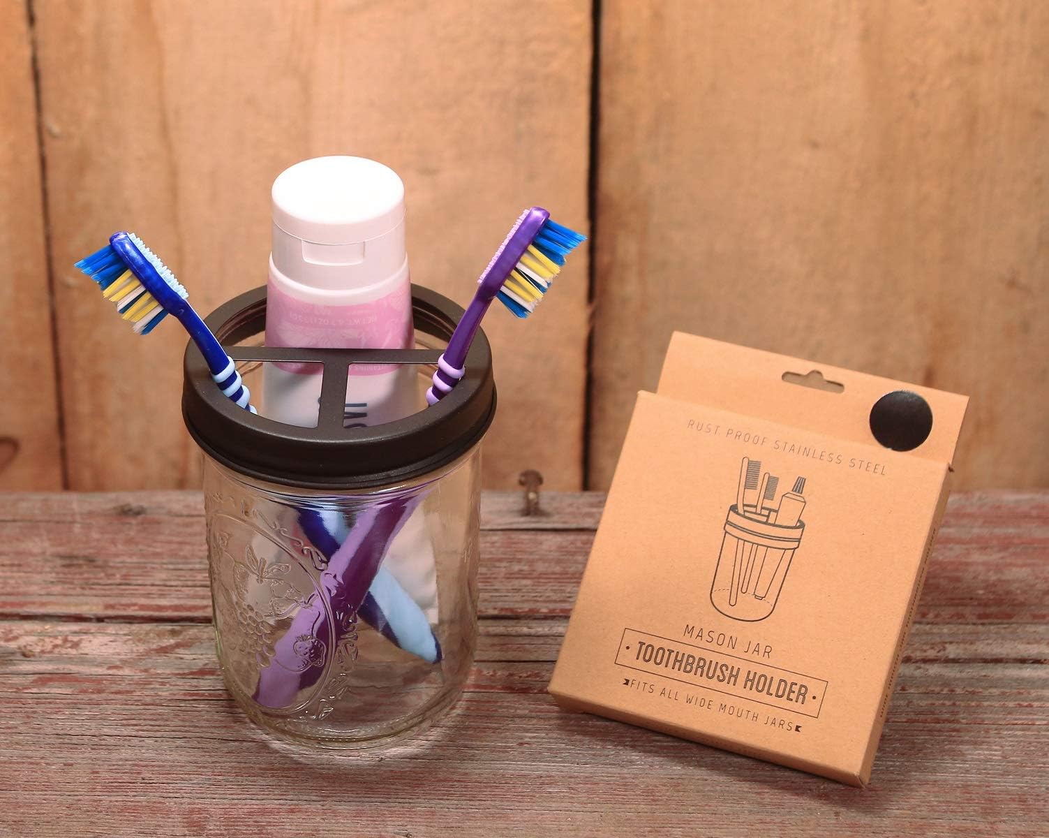 Jarmazing Products Mason Jar Uchwyt na szczoteczkę do zębów, czarny, z kulkowym słoikiem o pojemności 473 ml, wykonany z odpornej na rdzę stali nierdzewnej
