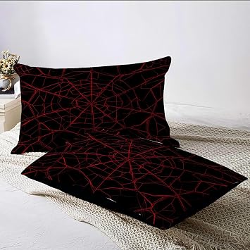 Punk Bedding Set, Red Spiderweb Double Duvet Cover with Pillowcase, Microfibre Reversible Quilt Covers, 3 Piece Soft Bed Set, Machine Washable, Zipper Closure, Black red