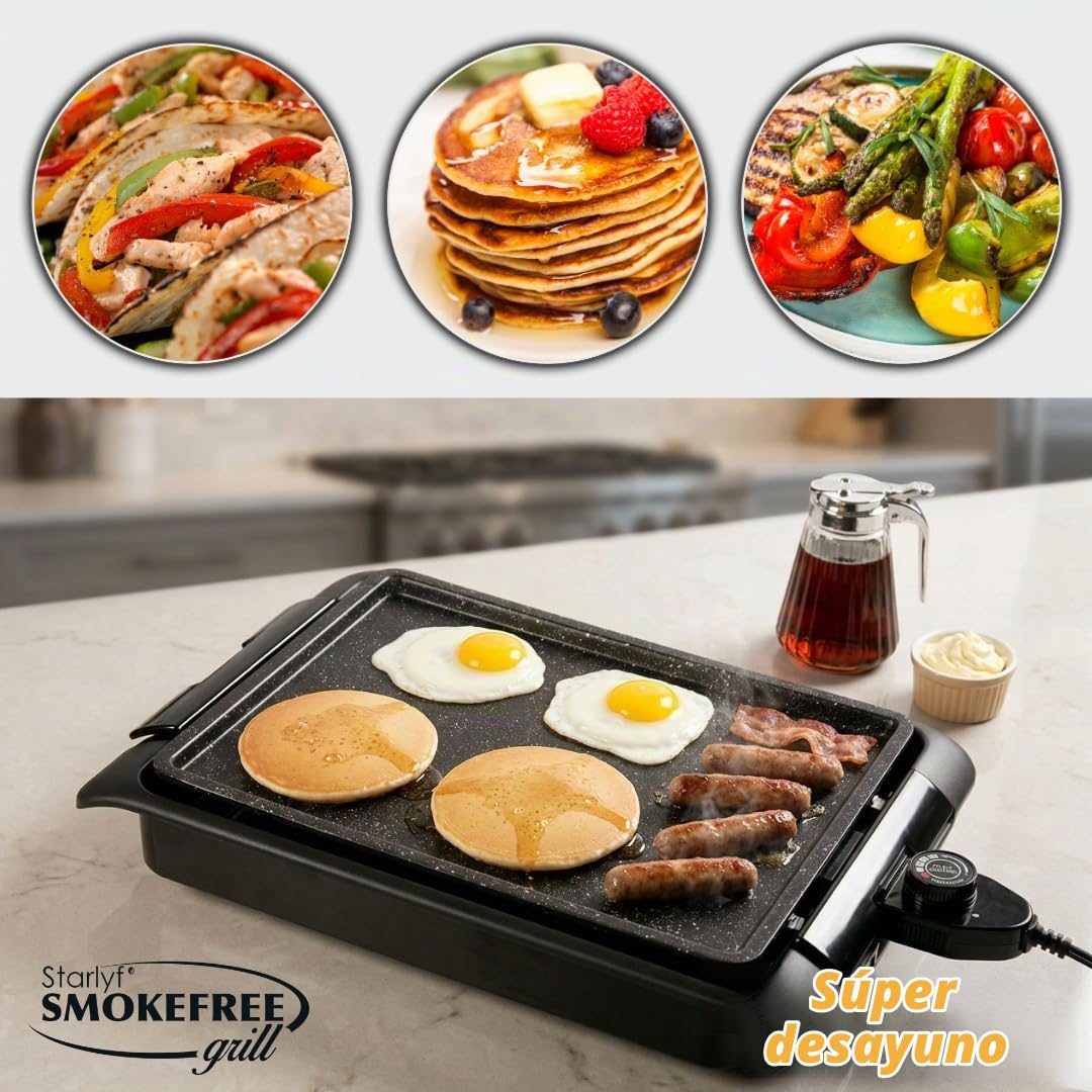 STARLYF Barbacoa eléctrica Smokefree Grill + Plancha - Barbacoa Eléctrica de 1250W, Parrilla Eléctrica Interior sin Humos ni Olores, Superficie Antiadherente y Cocción Uniforme, Color Negro