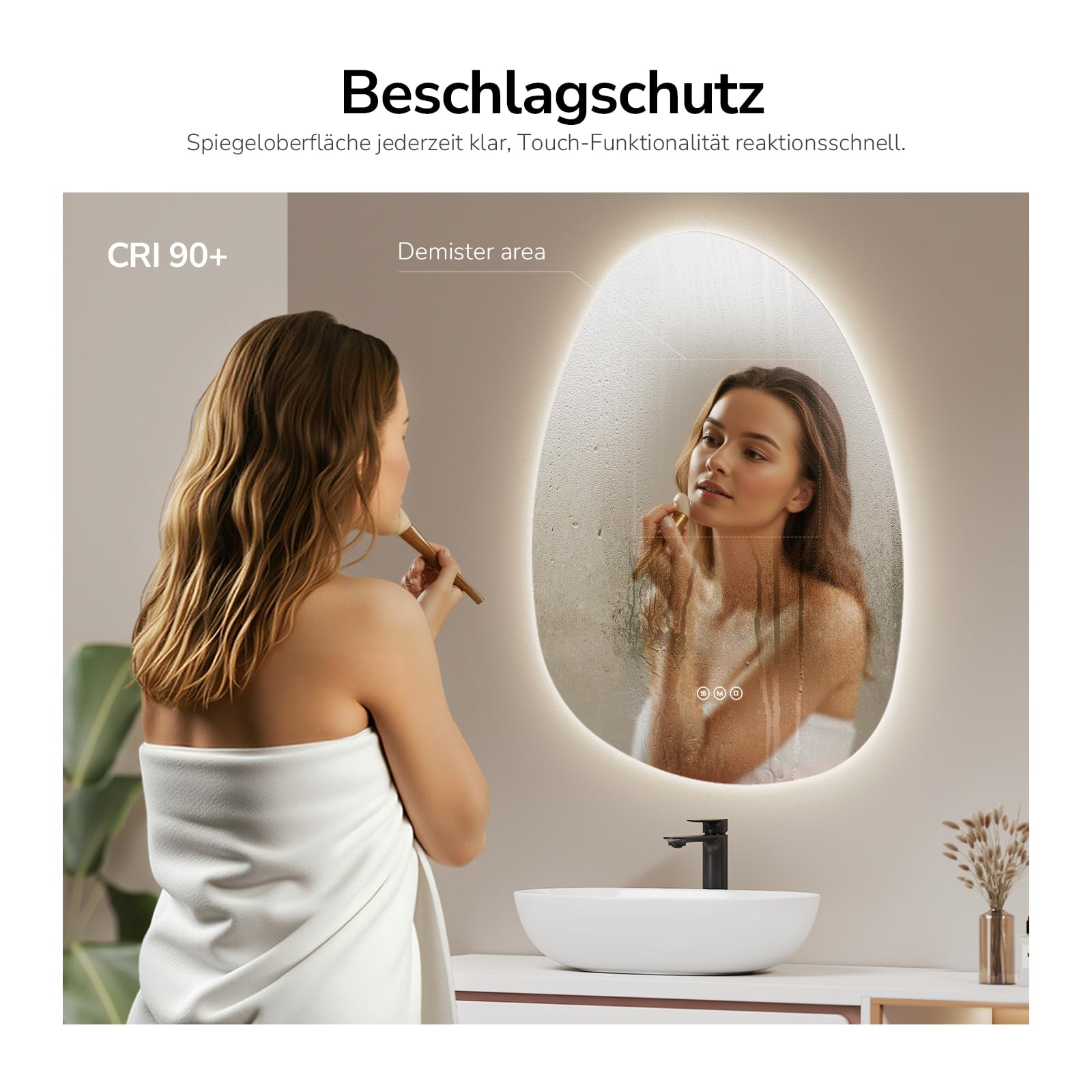 EMKE Spiegel mit Beleuchtung Asymmetrischer LED Badspiegel 75 x 55 cm Touch-Schalter, 3 Lichtfarben Dimmbar, Beschlagfrei Badezimmerspiegel mit Beleuchtung IP44 Energiesparend
