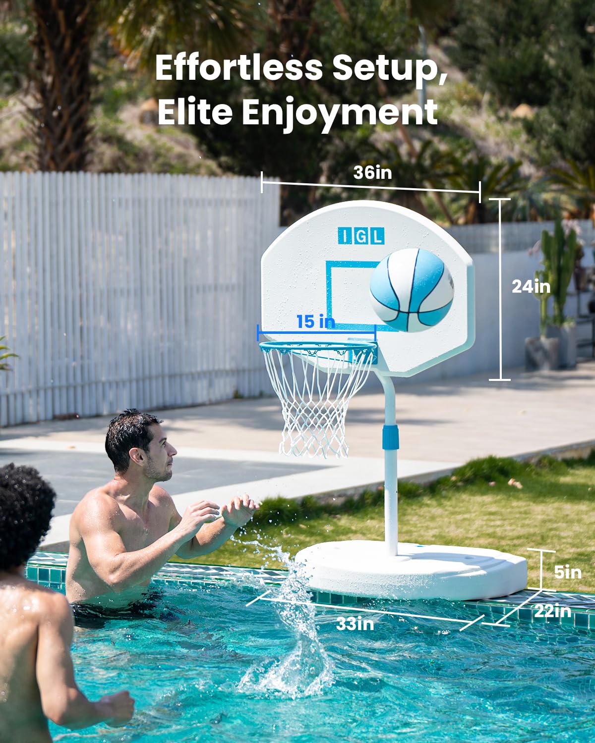 IGL Pool Basketball Hoop Poolside, Height Adjustable Swimming Basketball Hoop Outdoor for Pool, Anti-rust Stainless Steel Rim, Portable Basketball Goal System, Fillable Base, Includes 2 Balls and Pump