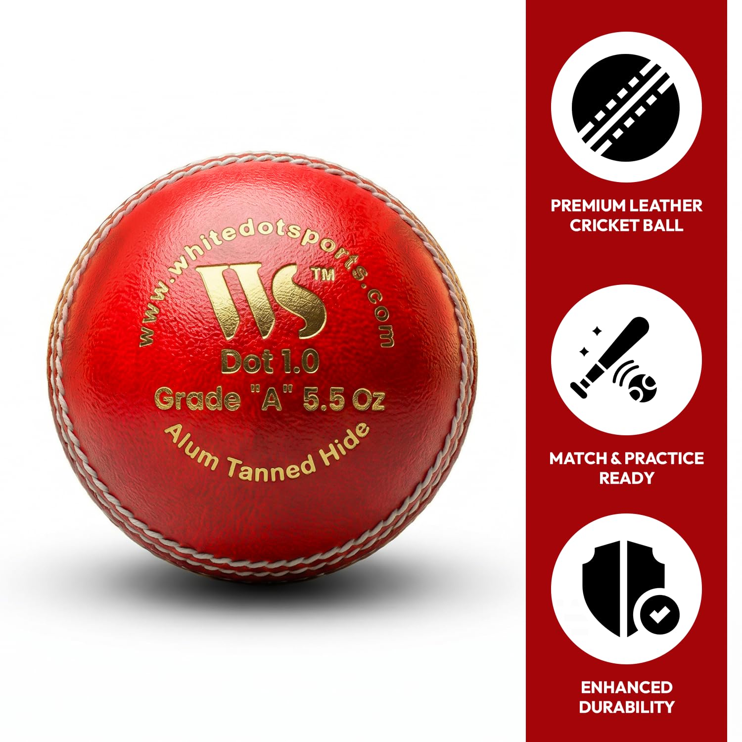 Whitedot Dot 2.1 Leather Cricket Ball, Red, Pack of 2 3