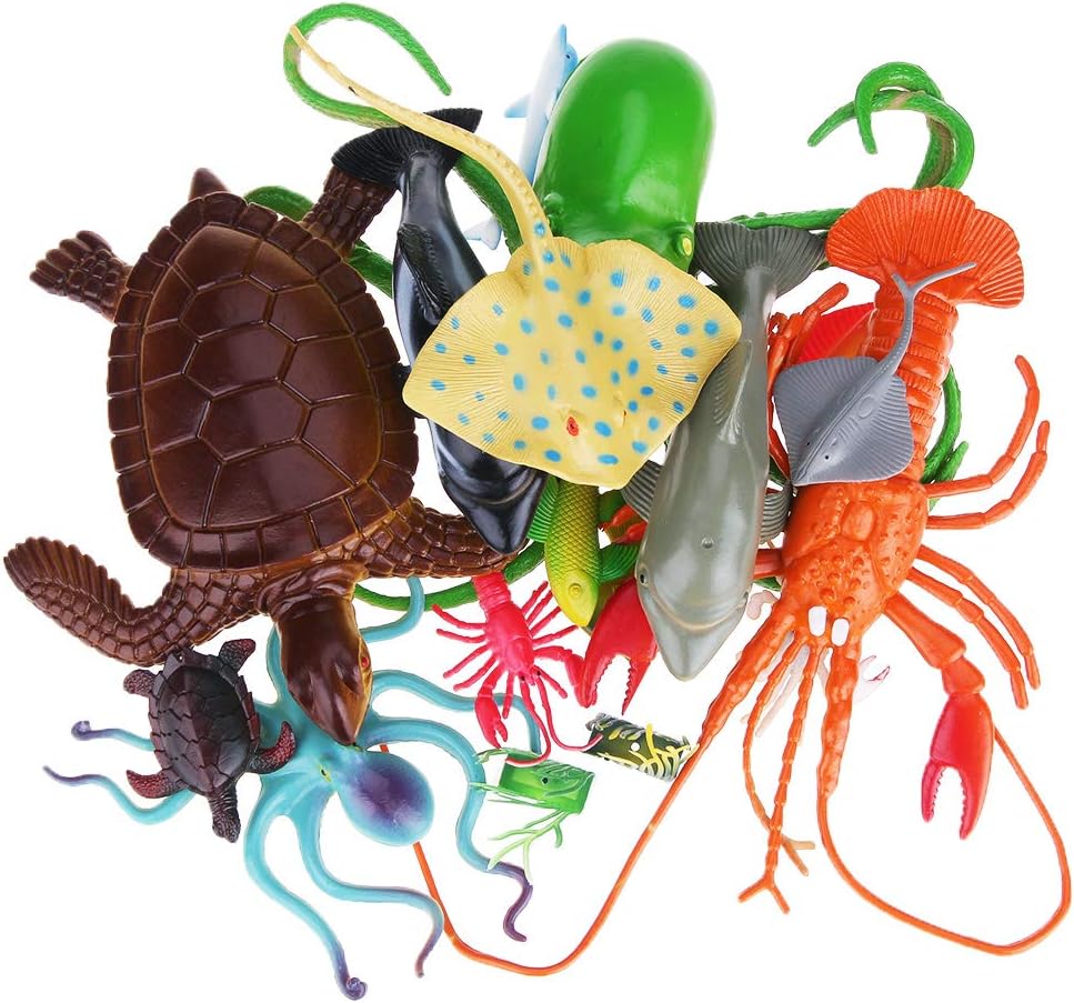 Large Sea Animal Figures Toys 18PCS Plastic Sea Creatures for Bath Ocean Animals Figures Learning Colour Toy Educational for Child Kids Toddler Gift