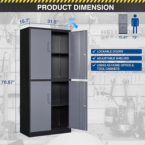 Miniatura 95 de Armario de almacenamiento de metal de 71 pulgadas con cerradura, resistente, gabinetes de herramientas de garaje con puertas y estantes, gabinete