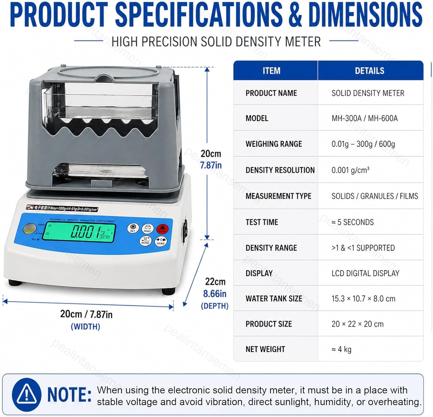 Densimetro Digitale – Densimetro di Precisione 0,001 G/cm³ per Gomma, Plastica E Metalli Preziosi – Test con Un Solo Clic, Display LCD, Ideale per Laboratori E Industria. 300A