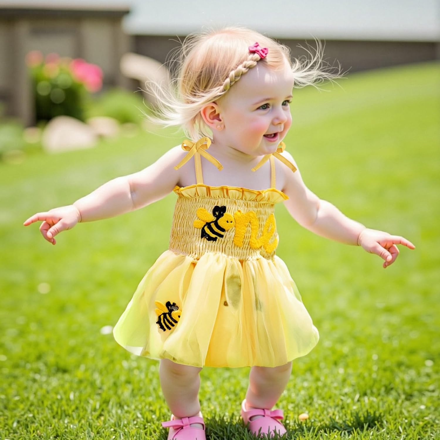 First Birthday Outfit Girl Infant Baby Embroidery One Smocked Bodysuit Sleeveless Tie Up Tulle Romper Dress - Image 2