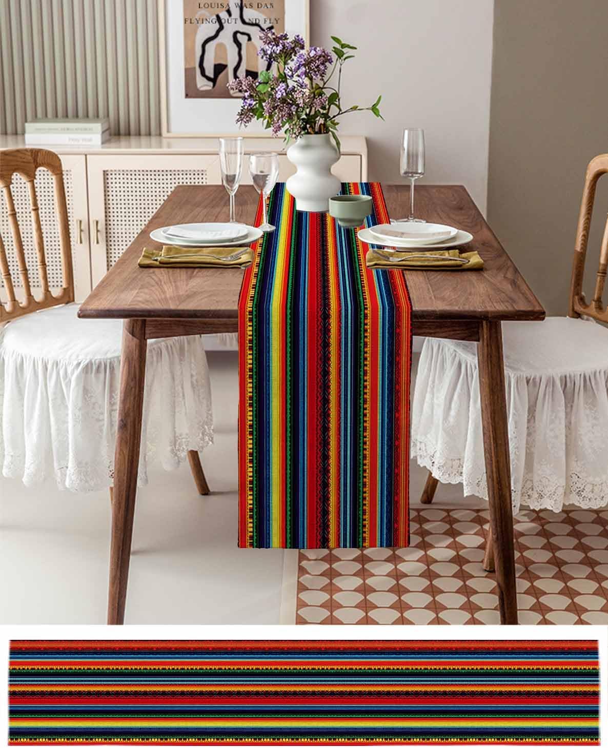 Table Runner 72" Length - Colorful Mexican Striped Linen Table Runners Dining Table Decoration Boho Tribal Native American Stripe Dresser Scarf Washable Tablerunners for Kitchen/Party