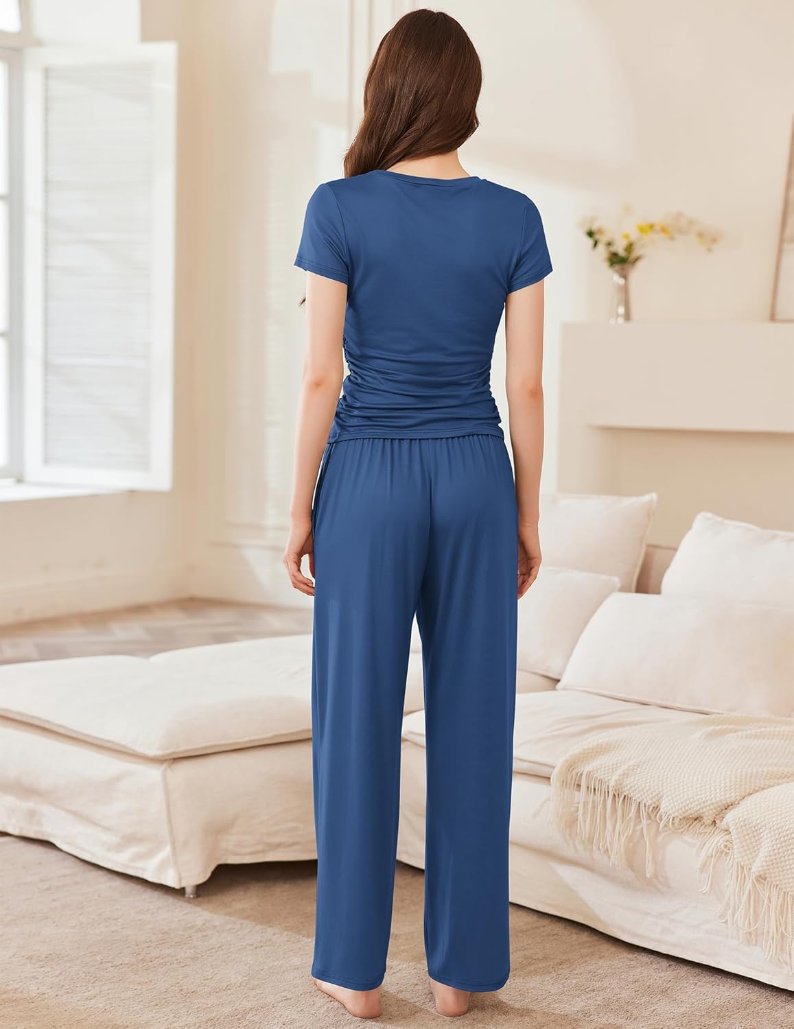 Ekouaer Women's 2 Piece Sets Outfits Short Sleeve Wide Leg Tracksuits Casual Lounge Set Matching Sets with Pockets - Image 3