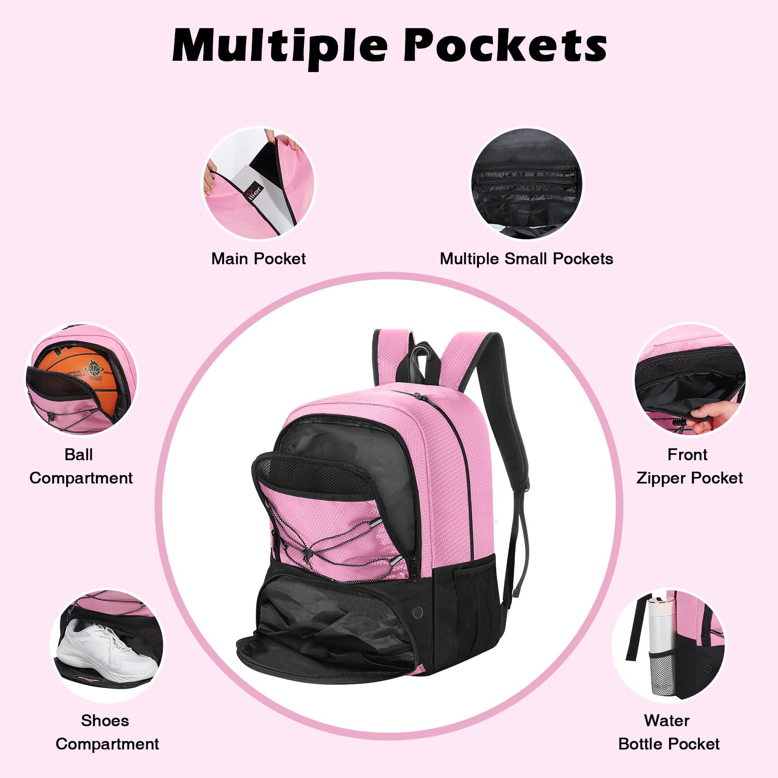 MoKo Soccer Bag Backpack, Basketball Backpack for Men & Women with Separate Ball and Shoes Compartments, Water-Resistant, Fence Hook, Sports Equipment Bag for Clothes, Shoes, Tablets, Laptops, Pink