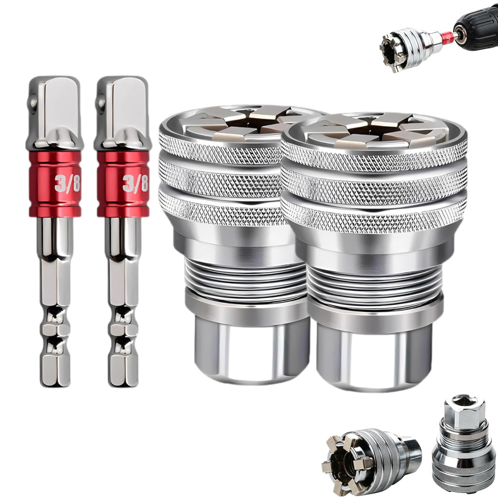 Auto Grip Universal Socket Tool Wrench Self Adjusting, Multi-Function Universal Socket Wrench Set with 3/8-Inch Drive Adapter, Fits 7-19mm Stripped and Rounded Bolts (2 Sleeves + 2 Drills)