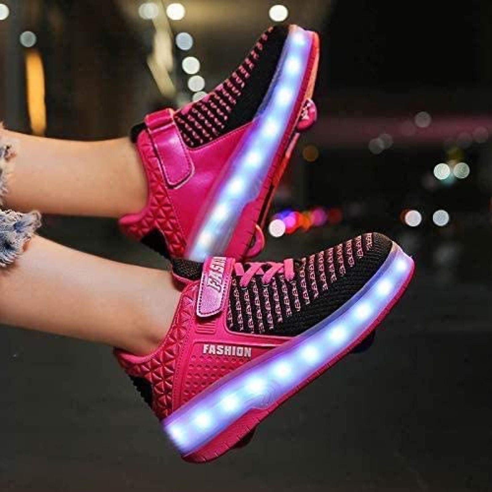 Zapatillas De Skate LED con Ruedas Dobles Zapatillas De Skate Zapatillas con Ruedas LED Niños Niños Niñas Gimnasia Al Aire Libre Zapatillas De Moda Técnica,Pink-28 EU